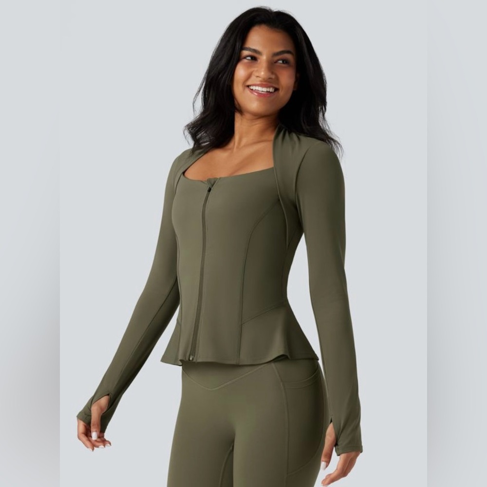 HALARA Olive Green Long Sleeve Zip Active Top